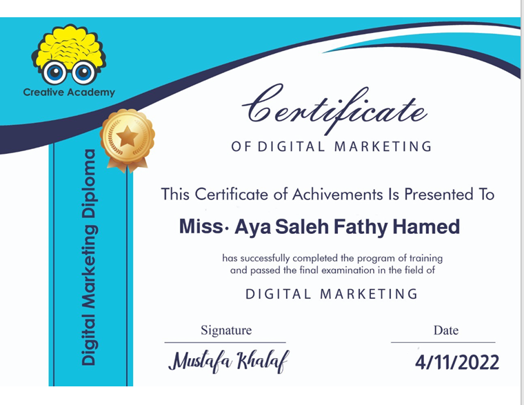Digital Marketing Diploma awarded to Aya Saleh Fathy Hamed by Creative Academy, 2022